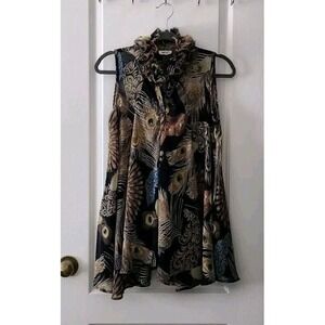 Jaipur Women's Ruffle Collar Tunic Blouse Sleeveless Semi Sheer Peacock Print  S